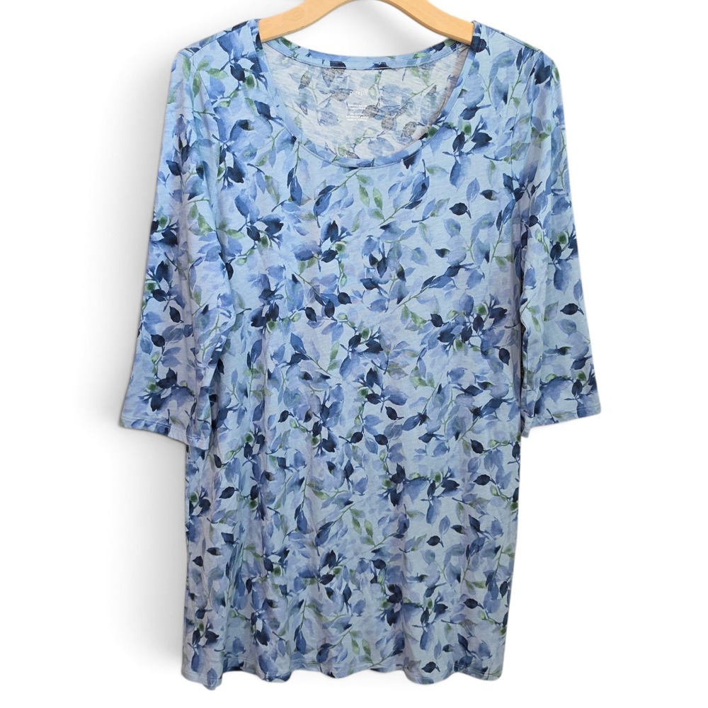 Pure Jill J Jill Top Womens Large Blue Floral Ballet Sleeve Tunic Cotton Modal